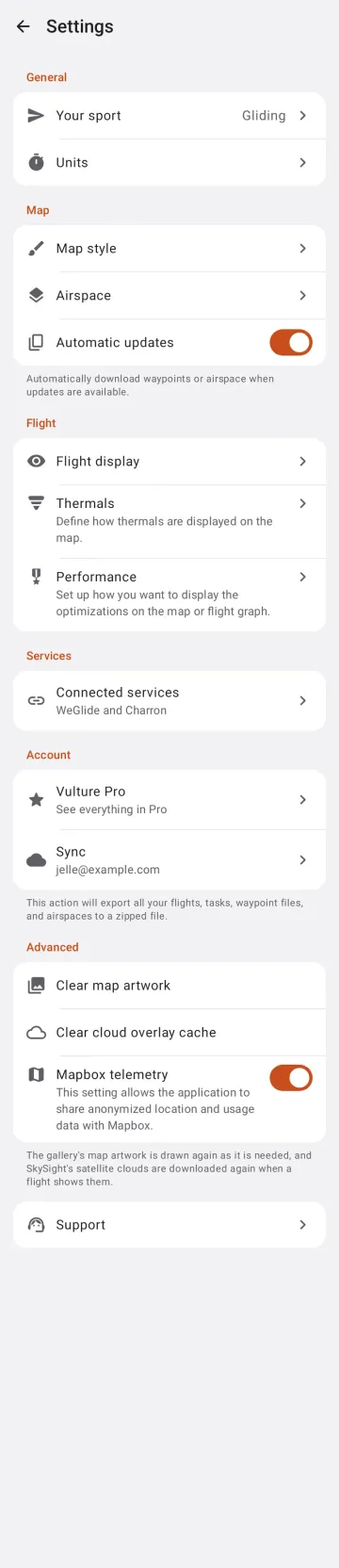 Settings overview on Android