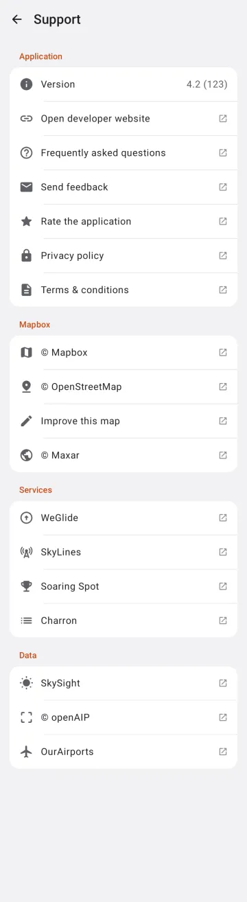 Support and about on Android